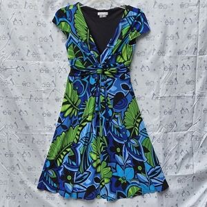 London Times blue and green floral dress with short sleeves and tie waist